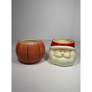 Lot Of 2 Novelty Vases santa claus head ceramic Planter + Edible basketball vase